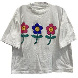 Happy Flower T-Shirt Womens L White Floral Graphic Print Crop Baggy Hippie Y2K